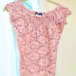 Off shoulder distressed y2k pink floral lace crop top!
